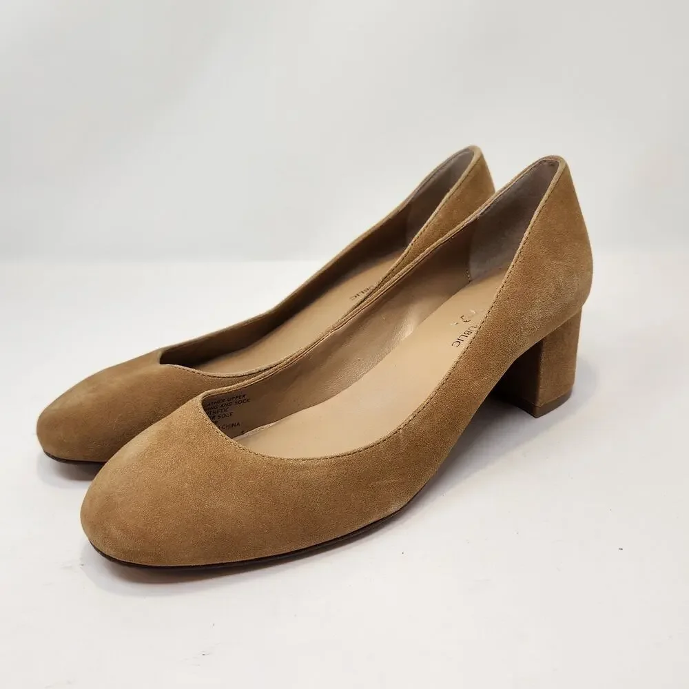 Banana Republic Womens Tan Suede Block Heels Pumps Size 7.5 M Round Toe Career